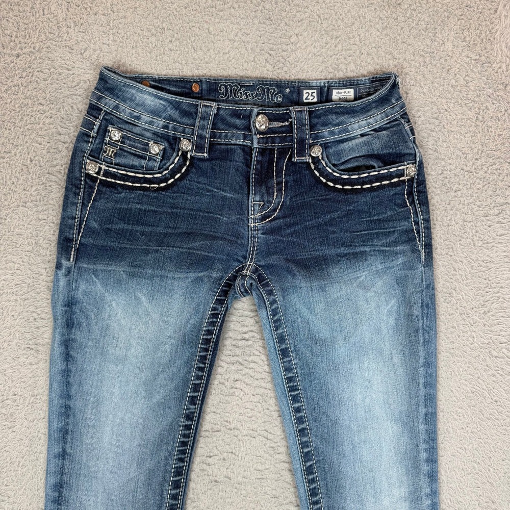 Miss Me Mid-Rise Bootcut Jeans Embellished Wing Pocket Blue Size 25x34 Y2K - Picture 3 of 14